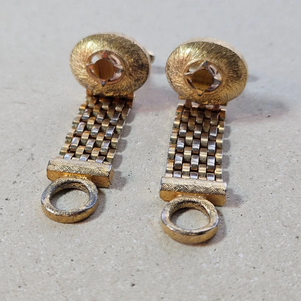 Vintage Gold Tone Mesh Wrap Around Cufflinks Tigers Eye Stone Mid Century 70s